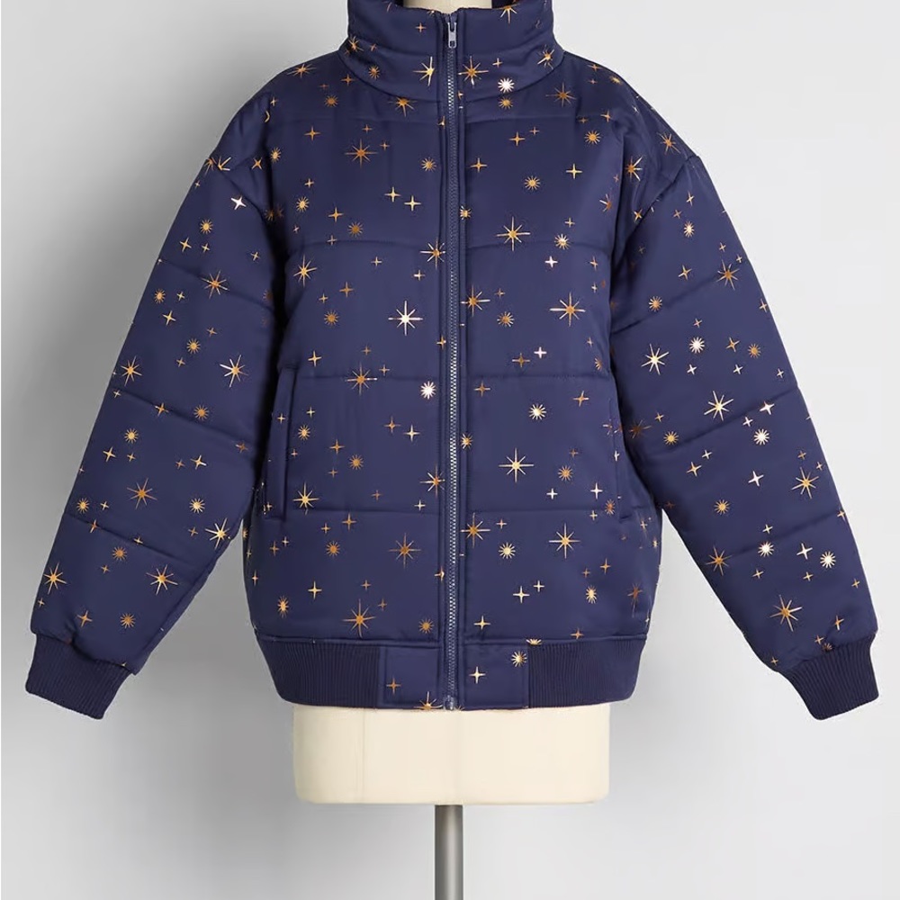 Blue Starry Puffer Jacket with Insulated Design